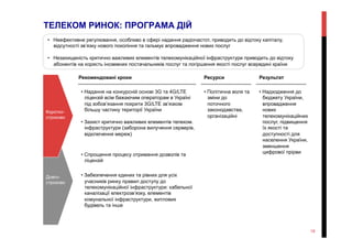 • Надходження до
бюджету України,
впровадження
нових
телекомунікаційних
послуг, підвищення
їх якості та
доступності для
населення України,
зменшення
цифрової прірви
РезультатРекомендовані кроки Ресурси
• Політична воля та
зміни до
поточного
законодавства,
організаційні
• Надання на конкурсній основі 3G та 4G/LTE
ліцензій всім бажаючим операторам в Україні
під зобов’язання покрити 3G/LTE зв’язком
більшу частину території України
• Захист критично важливих елементів телеком.
інфраструктури (заборона вилучення серверів,
відключення мереж)
• Спрощення процесу отримання дозволів та
ліцензій
• Забезпечення єдиних та рівних для усіх
учасників ринку правил доступу до
телекомунікаційної інфраструктури: кабельної
каналізації електрозв’язку, елементів
комунальної інфраструктури, житлових
будівель та інше
•  Неефективне регулювання, особливо в сфері надання радіочастот, приводить до відтоку капіталу,
відсутності зв’язку нового покоління та гальмує впровадження нових послуг
•  Незахищеність критично важливих елементів телекомунікаційної інфраструктури приводить до відтоку
абонентів на користь іноземних постачальників послуг та погіршення якості послуг всередині країни
ТЕЛЕКОМ РИНОК: ПРОГРАМА ДІЙ
19
Довго-
строково
Коротко-
строково
 