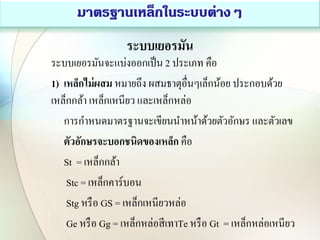 ระบบเยอรมัน
ระบบเยอรมันจะแบ่งออกเป็น 2 ประเภท คือ
1) เหล็กไม่ผสม หมายถึง ผสมธาตุอื่นๆเล็กน้อย ประกอบด้วย
เหล็กกล้า เหล็กเหนียว และเหล็กหล่อ
การกาหนดมาตรฐานจะเขียนนาหน้าด้วยตัวอักษร และตัวเลข
ตัวอักษรจะบอกชนิดของเหล็ก คือ
St = เหล็กกล้า
Stc = เหล็กคาร์บอน
Stg หรือ GS = เหล็กเหนียวหล่อ
Ge หรือ Gg = เหล็กหล่อสีเทาTe หรือ Gt = เหล็กหล่อเหนียว
 