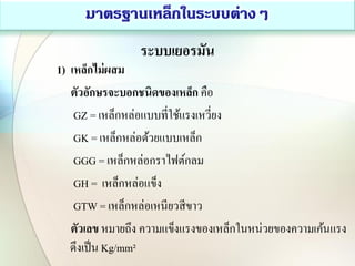 ระบบเยอรมัน
1) เหล็กไม่ผสม
ตัวอักษรจะบอกชนิดของเหล็ก คือ
GZ = เหล็กหล่อแบบที่ใช้แรงเหวี่ยง
GK = เหล็กหล่อด้วยแบบเหล็ก
GGG = เหล็กหล่อกราไฟต์กลม
GH = เหล็กหล่อแข็ง
GTW = เหล็กหล่อเหนียวสีขาว
ตัวเลข หมายถึง ความแข็งแรงของเหล็กในหน่วยของความเค้นแรง
ดึงเป็น Kg/mm²
 