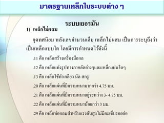 ระบบเยอรมัน
1) เหล็กไม่ผสม
จุดทศนิยม หลังเลขจานวนเต็ม เหล็กไม่ผสม เป็นการระบุถึงว่า
เป็นเหล็กแบบใด โดยมีการกาหนดไว้ดังนี้
.11 คือ เหล็กสร้างเครื่องมือกล
.12 คือ เหล็กแท่งรูปทางภาคตัดต่างๆและเหล็กแผ่นโตๆ
.13 คือ เหล็กใช้ทาเกลียว นัต สกรู
.20 คือ เหล็กแผ่นที่มีความหนามากกว่า 4.75 มม.
.21 คือ เหล็กแผ่นที่มีความหนาอยู่ระหว่าง 3- 4.75 มม.
.22 คือ เหล็กแผ่นที่มีความหนาน้อยกว่า 3 มม.
.29 คือ เหล็กท่อกลมสาหรับแรงดันสูงไม่มีตะเข็บรอยต่อ
 