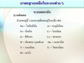 ระบบเยอรมัน
2) เหล็กผสม
ตัวเลขหมู่ที่ 2 บอกธาตุที่ผสมอยู่ในเหล็ก เช่น
Mo = โมลิบดินั่ม Al = อะลูมิเนียม
Ni = นิกเกิล Cr = โครเมียม
Si = ซิลิคอน Cu = ทองแดง
W = ทังเสตน (วุลเฟรม) Mn = แมงกานีส
V = วาเนเนียม Ti = ไททาเนียม
Pb = ตะกั่ว
 