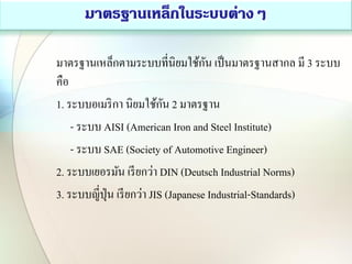 มาตรฐานเหล็กตามระบบที่นิยมใช้กัน เป็นมาตรฐานสากล มี 3 ระบบ
คือ
1. ระบบอเมริกา นิยมใช้กัน 2 มาตรฐาน
- ระบบ AISI (American Iron and Steel Institute)
- ระบบ SAE (Society of Automotive Engineer)
2. ระบบเยอรมัน เรียกว่า DIN (Deutsch Industrial Norms)
3. ระบบญี่ปุ่น เรียกว่า JIS (Japanese Industrial-Standards)
 