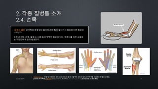 11by 토니토닉
•마우스 엘보: 손가락의 운동성이 떨어져 손에 힘이 들어가지 않으며 저린 증상이
나타난다.
또한 손가락, 손목, 팔꿈치, 어깨 등이 뻣뻣한 증상이 있다. 컴퓨터를 자주 사용하
는 직장인에게 많이 발생한다.
• Radial Nerve : 위팔 및 아래팔의 모든 신근(伸筋)과 팔의 바깥쪽과 손등의 엄지손가락 쪽을 지배하는 혼합성 신경임.
[네이버 지식백과] 요골신경 [radial nerve, 橈骨神經, どうこつしんけい] (농촌진흥청, 농촌진흥청)
 