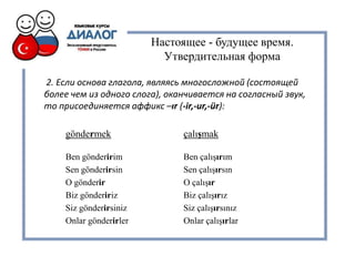 Настоящее - будущее время.
Утвердительная форма
2. Если основа глагола, являясь многосложной (состоящей
более чем из одного слога), оканчивается на согласный звук,
то присоединяется аффикс –ır (-ir,-ur,-ür):
göndermek çalışmak
Ben gönderirim Ben çalışırım
Sen gönderirsin Sen çalışırsın
O gönderir O çalışır
Biz göndeririz Biz çalışırız
Siz gönderirsiniz Siz çalışırsınız
Onlar gönderirler Onlar çalışırlar
 