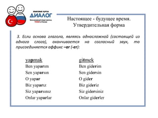 Настоящее - будущее время.
Утвердительная форма
3. Если основа глагола, являясь односложной (состоящей из
одного слога), оканчивается на согласный звук, то
присоединяется аффикс –ar (-er):
yapmak gitmek
Ben yaparım Ben giderim
Sen yaparsın Sen gidersin
O yapar O gider
Biz yaparız Biz gideriz
Siz yaparsınız Siz gidersiniz
Onlar yaparlar Onlar giderler
 