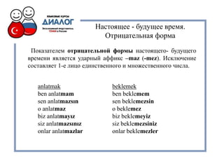 Настоящее - будущее время.
Отрицательная форма
Показателем отрицательной формы настоящего- будущего
времени является ударный аффикс –maz (-mez). Исключение
составляет 1-е лицо единственного и множественного числа.
anlatmak beklemek
ben anlatmam ben beklemem
sen anlatmazsın sen beklemezsin
o anlatmaz o beklemez
biz anlatmayız biz beklemeyiz
siz anlatmazsınız siz beklemezsiniz
onlar anlatmazlar onlar beklemezler
 
