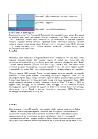 4 Давалгаа 1 - үйл ажиллагаанд анхаарал хандуулах
5 Давалгаа 1 - Турших
Phase 3 6 Давалгаа 2 – Ассамблейнд анхаарах
Байгууллагын танилцуулга
Бид монголд нэвтрүүлэх боломжтой 2 компаныг сонгон авсан бөгөөд дараах 2 компаны
нь монголд ноос, ноолууран хувцас үйлдвэрлэлээрээ тэргүүлэх байр суурь эзэлдэг юм.
Энэ 2 компаныг сонгож авсан шалтгаан нь тус компаниуд нь өөрсдөө хувцасны
загвараа гаргадаг бөгөөд загвараа гаргахдаа Clo3D програмыг ашиглан гаргавал
хийсвэр орчинд хувцас сольж өмсөх боломж хүмүүст олгохоос гадна Clo3D програм
дээр загвар гаргаснаар илүү хурдан өвөрмөц дизайнтай хувцасны загвар гаргах
боломжийг олгож байгаа юм.
Говь ХК
Монголын ноос, ноолуурын салбарын анхдагч “Говь” үйлдвэр нь 1981 онд Япон улсын
хөрөнгө оруулалттайгаар байгуулагдаж эдүгээ 30 гаруй жил тасралтгүй үйл
ажиллагаагаа амжилттай явуулж байгаа үндэсний томоохон үйлдвэрлэгч юм. “Говь”
ХК-ийн төрийн мэдлийн хувьцааг 2007 оны 7 сард “ЭФ СИ АЙ” ХХК Олон улсын
нээлттэй дуудлага худалдаагаар худалдан авснаар "Говь" ХК өнөөг хүртэл хувийн
хэвшлийн бүтэц зохион байгуулалт, менежменттэйгээр үйл ажиллагаагаа явуулж байна.
Монгол ямааны 100% ноолуур болон тэмээний ноосыг ашиглан дэлхийн зэрэглэлийн
хамгийн сүүлийн үеийн техник, технологиор үйлдвэрлэл явуулдаг “Говь” ХК нь
үйлдвэрлэл, хүчин чадал, чанар, үйлчилгээ зэрэг бүх талын үзүүлэлтээрээ дэлхийн топ
5 ноолууран бүтээгдэхүүн үйлдвэрлэгчийн тоонд зүй ѐсоор тооцогддог билээ. 1200
гаруй чадварлаг боловсон хүчнийг эгнээндээ нэгтгэсэн "Говь" ХК жилдээ 1100 тн
түүхий ноос, ноолуур 30 тн бөмбөгөн ноос, ноолуур 210 тн самнасан ноолуур
боловсруулах хүчин чадалтай ба түүхий эд бэлтгэхээс эхлээд бэлэн бүтээгдэхүүн
үйлдвэрлэх хүртэлх бүхий л шатны үйлдвэрлэл, дамжлагыг 100% Монголдоо
боловсруулдаг цорын ганц үйлдвэр юм.
Гоёо ХК
Гоѐо компани сүүлийн 20 жилийн турш тасралтгүй үйл ажиллагаагаа явуулж байна.
1993 онд Монголын анхны хувийн хэвшлийн ноос ноолуурын компани болон 50
ажилтантай байгуулагдаж байсан компани сүүлийн 20 жилд амжилттай ажиллан,
өргөжин тэлсээр өдгөө дотоодын зах зээлд эцсийн ноолууран бүтээгдэхүүний
чанараараа манлайлсан тэргүүлэгчдийн нэг, Европ болон Азийн зах зээлд ноолууран
бүтээгдэхүүн экспортлогч Монголын томоохон аж ахуй нэгж болтлоо өргөжин тэлсэн.
 