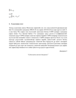 =1
wi≥0
rp= =
2. Судалгааны хэсэг
Энэхүү судалгааны ажилд Монголын хөрөнгийн зах зээл дээр идэвхитэй арилжаалагдаж
буй 21-н компанийн хувьцааны 2006.01.01-ны өдрөөс 2014.02.28-ны өдөр хүртэлх нийт 8-
н жил буюу 98-н сарын тоон мэдээллийг ашигласан бөгөөд CAPM загварыг хувьцааны
сарын өгөөж 1%-с багагүй байгаа 17-н хувьцааны хувьд үнэлэн β коэффициентийг
тооцохын сацуу CAPM загварыг ашиглан хөрөнгө бүрийн CAPM загвараар тооцоологдсон
хүлээгдэж буй өгөөжийн хэмжээг тооцоолсон. CAPM загварын өргөтгөл болох хэд хэдэн
шалгуур үзүүлэлтийн тусламжтайгаар хөрөнгө бүрийн гүйцэтгэлийг үнэлсэн бөгөөд
гүйцэтгэл сайтай байсан хувьцаануудыг оновчтой багц бүрдүүлэн үр ашигт хязгаарын
муруй байгуулах оновчлолын тооцоололдоо ашиглахаар сонгосон.Судалгааны ажлаараа
тодорхой үр дүнд хүрч зөв тооцоолол, оновчтой шийдлийг боловсоруулахын тулд дараах
шат дарааллаар шинжилгээгээ хийж гүйцэтгэн үр дүндээ хүрсэн болно.
Диаграмм 2
“Судалгааны ажлын диаграмм”
 