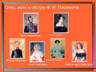 3
Отец, мать и сёстры Ф. И. Паскевича
Иван Фёдорович
Фёдор Иванович
Елизавета Алексеевна
Анна Ивановна
Анастасия Ивановна
Александра Ивановна
 