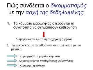 Πώο ζπλδέεηαη ν δηθνκκαηηζκόο
κε ηελ αξρή ηεο δεδειωκέλεο;
1. Τα θόκκαηα κεηνςεθίαο ζηεξνύληαη ηε
δπλαηόηεηα λα ζρεκαηίζνπλ θπβέξλεζε
Δεκηοσργούληαη ζηαζερόηερες θσβερλήζεης
Κσρηαρτούλ ηα κεγάια θόκκαηα
Κσρηαρτεί ε πόιωζε
Δηακορθώλεηαη ε ιογηθή ηες χαμένης ψήφου
2. Τα κηθρά θόκκαηα ωζούληαη ζε ζσλέλωζε κε ηα
κεγάια
 