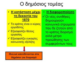 Ο δεκόζηνο ηνκέαο
• Η καηάζηαζη μέτρι
ηη δεκαεηία ηοσ
1870
 Τν θξάηνο είλαη ν θύξηνο
εξγνδόηεο
 Δμαζθαιίδεη ζέζεηο
εξγαζίαο
 Δμαζθαιίδεη επθαηξίεο
θνηλσληθήο εμέιημεο
• Η διαθοροποίηζη
 Οη λέεο ζπλζήθεο
δεκηνπξγνύλ
θνηλσληθά ζηξώκαηα
πνπ δε δεηνύλ από
ην θξάηνο δηνξηζκό,
αιιά κέηξα
πξνώζεζεο ησλ
ζπκθεξόλησλ ηνπο
Πολλοί απευθύνονηαι ζηο
δημόζιο για διοπιζμό
 