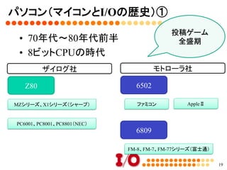 パソコン(マイコン）とＩ/Ｏの歴史	
•  Ｚ80（76年11月号）
•  Ｍ6800（77年5月号）
•  8080（77年7月号）
•  ＴＫ80（77年9月号）
•  ＡＰＰＬＥⅡ（77年10月号）
•  LKIT-16 （78年1月号）
•  H68/TR（78年3月号）
•  ＭＣ68000（79年6月号）
•  ＭＺ-80Ｋ(79年8月号）
•  ＰＣ8001（80年2月号）
•  8088（80年2月号）
•  ＡＰＰＬＥⅢ（80年7月号）
•  ＦＭ8（81年12月号）
•  ＰＣ6001（82年2月号）
•  Ｚ8000（82年3月号）
•  ＰＣ6001MkⅡ（83年9月号）
•  ＳＣ-3000(83年9月号）
•  ＲＸ-80（83年9月号）
•  16ビットマイコン(83年11月）
（MZ5500,PC5000,MBC55,PC8P
C9801)
•  ポケコン（84年12月）	
•  MS-DOS(86年6月）	
•  Window3.1
•  Window95
19
 