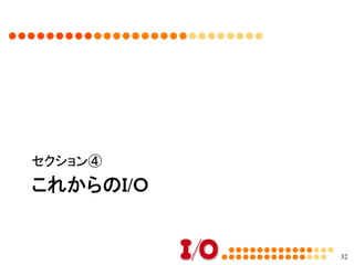 パソコン（マイコンとI/Oの歴史）⑫	
•  ラズベリーパイなどのハードウェア
–  最近では、ハードウェアに興味をもつ人が多
い	
–  手軽に使えるものが多くなったのと、ちょっとし
た部品を組み合わせると、いろんなことができ
る	
32
半田ごて不
要	
つなぐだけ
で簡単	
制御ソフト
も、そんな
に複雑では
ない	
 