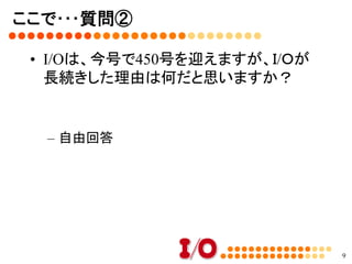 Ｉ/Ｏから生まれた雑誌	
•  Ｐｉｏ（ゲーム投稿）
•  ＰＪ（ポケコンジャーナル）
•  ＣｏｍｐｕｔｅｒＦａｎ（投稿部分）
•  ＮＴMagazine	
9
 