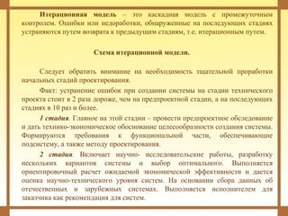 Итерационная модель – это каскадная модель с промежуточным
контролем. Ошибки или недоработки, обнаруженные на последующих стадиях
устраняются путем возврата к предыдущим стадиям, т.е. итерационным путем.
Схема итерационной модели.
Следует обратить внимание на необходимость тщательной проработки
начальных стадий проектирования.
Факт: устранение ошибок при создании системы на стадии технического
проекта стоит в 2 раза дороже, чем на предпроектной стадии, а на последующих
стадиях в 10 раз и более.
1 стадия. Главное на этой стадии – провести предпроектное обследование
и дать технико-экономическое обоснование целесообразности создания системы.
Формируются требования к функциональной части, обеспечивающие
подсистему, а также методу проектирования.
2 стадия. Включает научно- исследовательские работы, разработку
нескольких вариантов системы и выбор оптимального. Выполняется
ориентировочный расчет ожидаемой экономической эффективности и дается
оценка научно-технического уровня систем. На основании сбора данных об
отечественных и зарубежных системах. Выполняется исполнителем для
заказчика как рекомендация для систем.
 