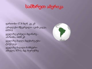 სამხრეთ ამერიკა
ფართობი-17.8 მლნ კვ. კმ
უმაღლესი მწვერვალი- აკონ-კაგუა,
6959 მ
ყველაზე გრძელი მდინარე -
ამაზონი, 6400 კმ
ყველაზე მაღლა მდებარე ტბა-
ტიტიკაკა
ყველაზე მაღალი ჩანჩქერი-
ანხელი, 979 მ, მდ. ჩურუნზე
 