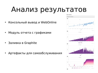 Анализ результатов
●
Консольный вывод и WebOnline
●
Модуль отчета с графиками
●
Заливка в Graphite
●
Артефакты для самообслуживания
 
