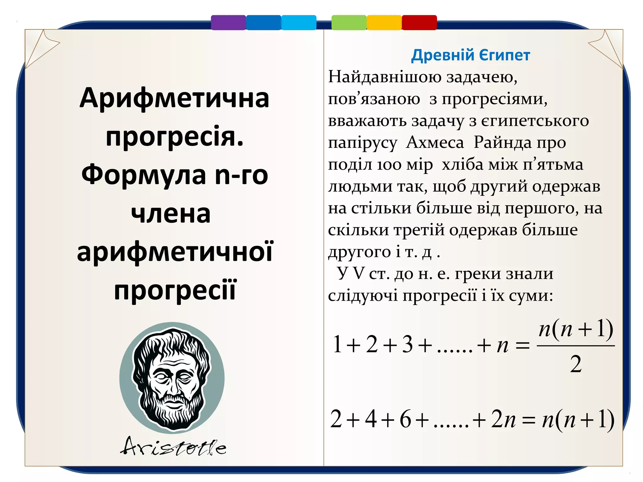 Древній Єгипет
Найдавнішою задачею,
пов’язаною з прогресіями,
вважають задачу з єгипетського
папірусу Ахмеса Райнда про
поділ 100 мір хліба між п’ятьма
людьми так, щоб другий одержав
на стільки більше від першого, на
скільки третій одержав більше
другого і т. д .
У V ст. до н. е. греки знали
слідуючі прогресії і їх суми:
Арифметична
прогресія.
Формула n-го
члена
арифметичної
прогресії
2
)1(
......321
+
=++++
nn
n
)1(2......642 +=++++ nnn
 