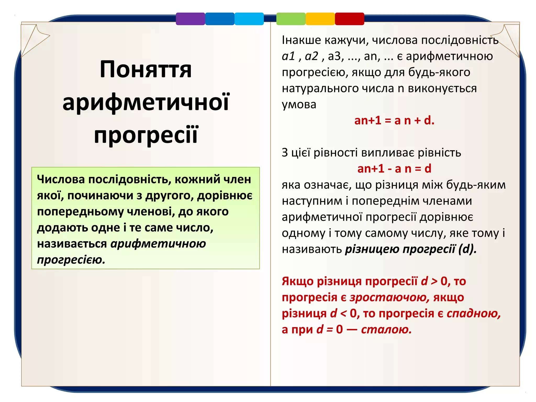 Поняття
арифметичної
прогресії
Числова послідовність, кожний член
якої, починаючи з другого, дорівнює
попередньому членові, до якого
додають одне і те саме число,
називається арифметичною
прогресією.
Інакше кажучи, числова послідовність
a1 , a2 , а3, ..., аn, ... є арифметичною
прогресією, якщо для будь-якого
натурального числа n виконується
умова
an+1 = a n + d.
З цієї рівності випливає рівність
an+1 - a n = d
яка означає, що різниця між будь-яким
наступним і попереднім членами
арифметичної прогресії дорівнює
одному і тому самому числу, яке тому і
називають різницею прогресії (d).
Якщо різниця прогресії d > 0, то
прогресія є зростаючою, якщо
різниця d < 0, то прогресія є спадною,
а при d = 0 — сталою.
 