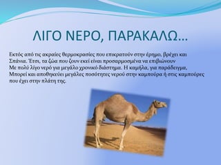 ΛΙΓΟ ΝΕΡΟ, ΠΑΡΑΚΑΛΩ…
Εκτός από τις ακραίες θερμοκρασίες που επικρατούν στην έρημο, βρέχει και
Σπάνια. Έτσι, τα ζώα που ζουν εκεί είναι προσαρμοσμένα να επιβιώνουν
Με πολύ λίγο νερό για μεγάλο χρονικό διάστημα. Η καμήλα, για παράδειγμα,
Μπορεί και αποθηκεύει μεγάλες ποσότητες νερού στην καμπούρα ή στις καμπούρες
που έχει στην πλάτη της.
 
