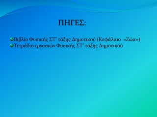 ΠΗΓΕΣ:
Βιβλίο Φυσικής ΣΤ’ τάξης Δημοτικού (Κεφάλαιο «Ζώα»)
Τετράδιο εργασιών Φυσικής ΣΤ’ τάξης Δημοτικού
 