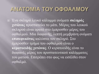  Έλα ζθιεξό ιεπθό θάιπκκα νλόκαηη ζκληρός
τιηώνας πξνζηαηεύεη ην κάηη. Μέξνο ηνπ ιεπθνύ
ζθιεξνύ είλαη νξαηό ζην έκπξνζζελ κέξνο ηνπ
νθζαικνύ. Μία δηαθαλήο, ιεπηή κεκβξάλε νλόκαηη
επιπεθσκόηας θαιύπηεη ηνλ ζθιεξό. Σην
έκπξνζζελ ηκήκα ηνπ νθζαικνύ είλαη ν
κεραηοειδής τιηώνας. Ο θεξαηνεηδήο είλαη ην
δηαθαλέο κέξνο ηνπ πξνζηαηεπηηθνύ θαιύκκαηνο
ηνπ καηηνύ. Δπηηξέπεη ζην θσο λα εηζέιζεη ζηνλ
νθζαικό.
 