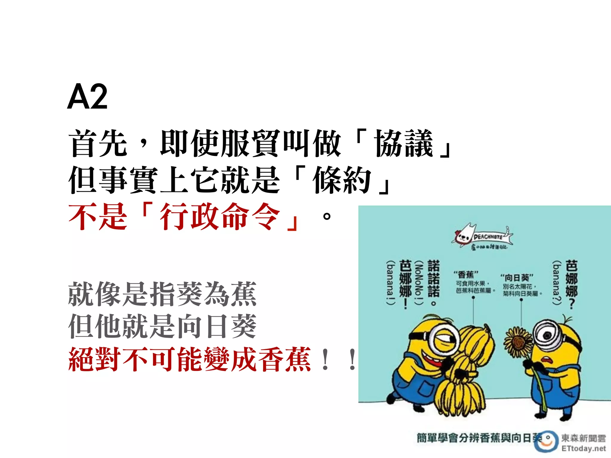A2
首先，即使服貿叫做「協議」
但事實上它就是「條約」
不是「行政命令」。
就像是指葵為蕉
但他就是向日葵
絕對不可能變成香蕉！！
 
