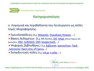 ΕΠΙΜΟΡΦΩΣΗ ΕΚΠΑΙΔΕΥΤΙΚΩΝ ΣΤΗ ΧΡΗΣΗ ΚΑΙ ΑΞΙΟΠΟΙΗΣΗ ΤΩΝ ΤΠΕ ΣΤΗΝ ΕΚΠΑΙΔΕΥΤΙΚΗ ΔΙΔΑΚΤΙΚΗ ΔΙΑΔΙΚΑΣΙΑ
Νίκος Παπασταματίου ● ΕΚΠΑΙΔΕΥΤΙΚΟ ΛΟΓΙΣΜΙΚΟ: Κατηγοριοποίηση, πιστοποίηση, αξιολόγηση ● Ιανουάριος 2011
Κατηγορι
οποίηση
α. Λογισμικά και περιβάλλοντα που λειτουργούν ως απλές
πηγές πληροφόρησης:
 Εγκυκλοπαίδειες (λ.χ. Wikipedia, Περιοδικός Πίνακας, …)
 Βάσεις δεδομένων (λ.χ. MS Access, EKT, ΕΑΔΔ :Εθνικό Αρχείο Διδ.
Διατριβών, ERIC, EURYDICE, ΕΜΥ, Google Earth, …)
 Ψηφιακές βιβλιοθήκες ( λ.χ. βιβλιοnet, openachives, Παιδ.
Ινστιτούτο, Open Univ. of Cyprus,…)
 Εκπαιδευτικές πύλες (λ.χ. sch.gr, e-yliko, …)
Κατηγοριοποίηση
Εκπαιδευτικών λογισμικών
Υλικό ΚΣΕ_Γενικό Μέρος/ Ενότητα 4.1
 