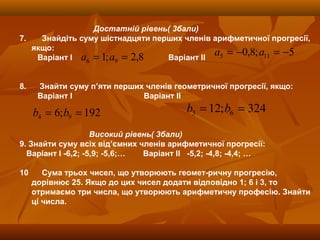 5;8,0 115 −=−= aa
Достатній рівень( 3бали)
7. Знайдіть суму шістнадцяти перших членів арифметичної прогресії,
якщо:
Варіант І Варіант ІІ
8. Знайти суму п’яти перших членів геометричної прогресії, якщо:
Варіант І Варіант ІІ
Високий рівень( 3бали)
9. Знайти суму всіх від’ємних членів арифметичної прогресії:
Варіант І -6,2; -5,9; -5,6;… Варіант ІІ -5,2; -4,8; -4,4; …
10 Сума трьох чисел, що утворюють геомет-ричну прогресію,
дорівнює 25. Якщо до цих чисел додати відповідно 1; 6 і 3, то
отримаємо три числа, що утворюють арифметичну професію. Знайти
ці числа.
8,2;1 96 == aa
192;6 94 == bb 324;12 63 == bb
 