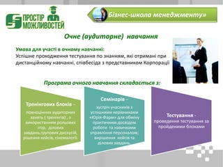 Очне (аудиторне) навчання
Умова для участі в очному навчанні:
Успішне проходження тестування по знанням, які отримані при
дистанційному навчанні, співбесіда з представником Корпорації
Програма очного навчання складається з:
Тренінгових блоків –
повноцінних аудиторних
занять ( тренінгів) , з
використанням рольових
ігор, ділових
завдань,групових дискусій,
рішення кейсів, сінемалогії.
Семінарів –
зустріч учасників з
успішними керівниками
«Юрія-Фарм» для обміну
практичним досвідом
роботи та навичками
управління персоналом;
вирішення кейсів та
ділових завдань.
Тестування -
проведення тестування за
пройденими блоками
«Бізнес-школа менеджменту»
 