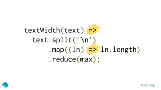 #dartlang
textWidth(text) =>
text.split(‘n’)
.map((ln) => ln.length)
.reduce(max);
 
