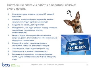 1. Определите цели и задачи системы ОС в вашей
компании
2. Поймите, кто ваши целевые аудитории, какими
каналами им будет удобно пользоваться
3. Создайте эти каналы, если требуется
4. Определитесь, кто будет отвечать за сбор вопросов,
подготовку и согласование ответов,
систематизацию
5. Решите, будете ли вы принимать анонимные
вопросы, давать ответы публично или персонально,
определите сроки ответа
6. Организуйте работу с руководителями и
экспертами (теми, кто дает ответы по сути)
7. Запланируйте социсследование (>=1 в год)
8. Зафиксируйте основные «правила игры»
9. Расскажите сотрудникам, каким способом они
могут задать вопрос/высказать мнение и получить
ответ
11Обратная связь, или О чем они там думают?
Построение системы работы с обратной связью:
с чего начать
 