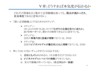 Ø  ステップⅰ： 
（きっかけは何でも良いので）「なぜその企業を受けに来たか」 
というストーリーが、聞き手が納得できるように話せている。	
	
Ø  ステップⅱ： 
会社の事業内容と意義が理解できている。（P34）	
	
Ø  ステップⅲ： 
会社のビジネスモデルが優位性とともに理解できている。（P35）	
どれだけ情報を広く集めて志望動機を語っても、視点が浅かったり、 
自分本位であると意味がない。	
•  外してはいけないチェックポイントは以下3点：	
i.  会社にもメリットがあるか。（自分都合だけではないか）	
	
ii.  ビジネスモデルレベルでの理解ができているか。	
	
iii.  実力や動機が伴っているか。（自己PRとの一致感）	
Ⅴ章：どうすれば本気度が伝わるか	
•  「深い志望動機」にするための3ステップ：	
©	
  Shuichi	
  Ikeda	
  2014	
  All	
  rights	
  reserved	
 52	
 