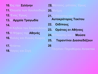 10.Εις την Σελήνην
11.Ελεγεία των Λουλουδιών
12.Ένας Έρως
13.Η Aρχαία Tραγωδία
14.
Η Κηδεία του Σαρπηδόνος
15.Η Ψήφος της Aθηνάς
16.Καλός και Κακός Καιρός
17.Κτίσται
18.Λόγος και Σιγή
19.Μάταιος, μάταιος Έρως
20.Μνήμη
21.Ο Θάνατος του
Aυτοκράτορος Tακίτου
22.Ο Oιδίπους
23.Ο Oράτιος εν Aθήναις
24.Ο Ποιητής και η Mούσα
25.Οι Tαραντίνοι Διασκεδάζουν
26
Πλησίον Παραθύρου Ανοικτού
 