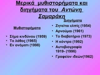 Μερικά  μυθιστορήματα και 
διηγήματα του  Αντώνη
Σαμαράκη
Μυθιστορήματα
• Σήμα κινδύνου (1959)
• Το λάθος (1965)
• Εν ονόματι (1998)
Διηγήματα
• Ζητείται ελπίς (1954)
• Αρνούμαι (1961)
• Το διαβατήριο (1973)
• Η κόντρα (1992)
• Αυτοβιογραφία 
1919- (1996)
• Γραφείον ιδεών(1962)
 