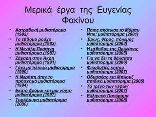 Μερικά έργα της Ευγενίας
Φακίνου
• Αστραδενή μυθιστόρημα
(1982)
• Το έβδομο ρούχο
μυθιστόρημα (1983)
• Η Μεγάλη Πράσινη
μυθιστόρημα (1987)
• Ζάχαρη στην Άκρη
μυθιστόρημα (1991)
• Γάτα με πέταλα μυθιστόρημα
(1990)
• Η Μερόπη ήταν το
πρόσχημα μυθιστόρημα
(1994)
• Εκατό δρόμοι και μια νύχτα
μυθιστόρημα (1997)
• Τυφλόμυγα μυθιστόρημα
(2000)
• Ποιος σκότωσε το Μόμπυ
Ντικ; μυθιστόρημα (2001)
• Έρως, θέρος, πόλεμος
μυθιστόρημα (2003)
• Η μέθοδος της Ορλεάνης
μυθιστόρημα (2005)
• Για να δει τη θάλασσα
μυθιστόρημα (2006)
• Φιλοδοξίες κήπου
μυθιστόρημα (2007)
• Οδυσσέας και Μπλουζ
παιδικό μυθιστόρημα (2006)
• Το τρένο των νεφών
μυθιστόρημα (2007)
• Ελληνικό Πανόραμα
μυθιστόρημα (2008)
 