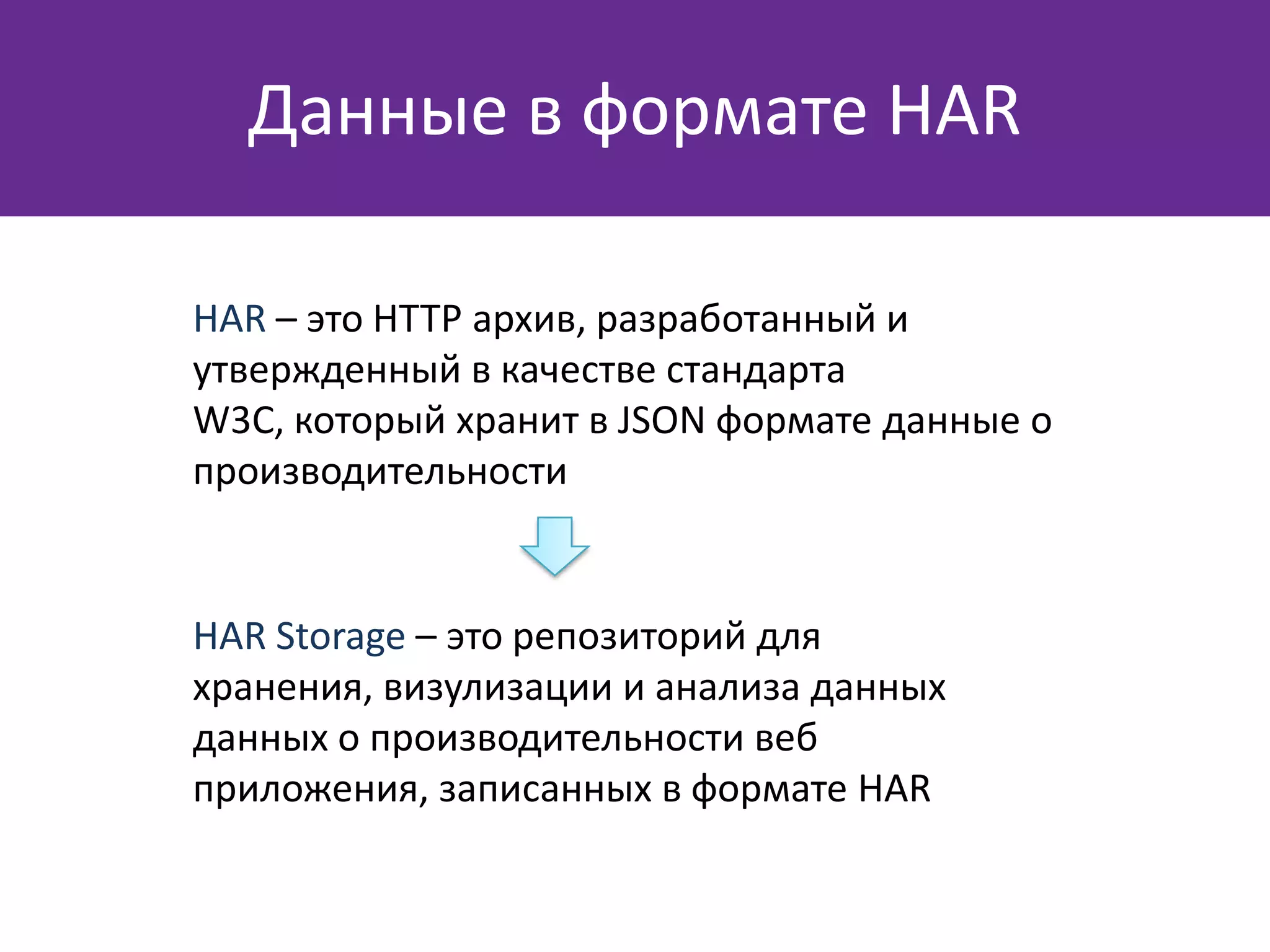 HAR – это HTTP архив, разработанный и
утвержденный в качестве стандарта
W3C, который хранит в JSON формате данные о
производительности
Данные в формате HAR
HAR Storage – это репозиторий для
хранения, визулизации и анализа данных
данных о производительности веб
приложения, записанных в формате HAR
 