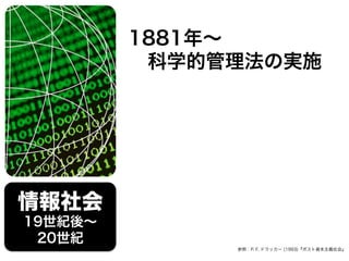 情報社会
19世紀後∼
20世紀
1881年∼
 科学的管理法の実施
参照：P. F. ドラッカー (1993)『ポスト資本主義社会』
 