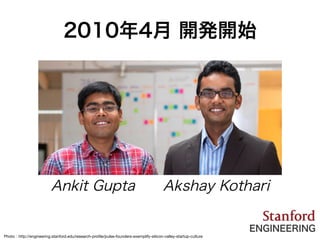 2010年4月 開発開始
Ankit Gupta Akshay Kothari
ENGINEERING
Photo：http://engineering.stanford.edu/research-proﬁle/pulse-founders-exemplify-silicon-valley-startup-culture
 