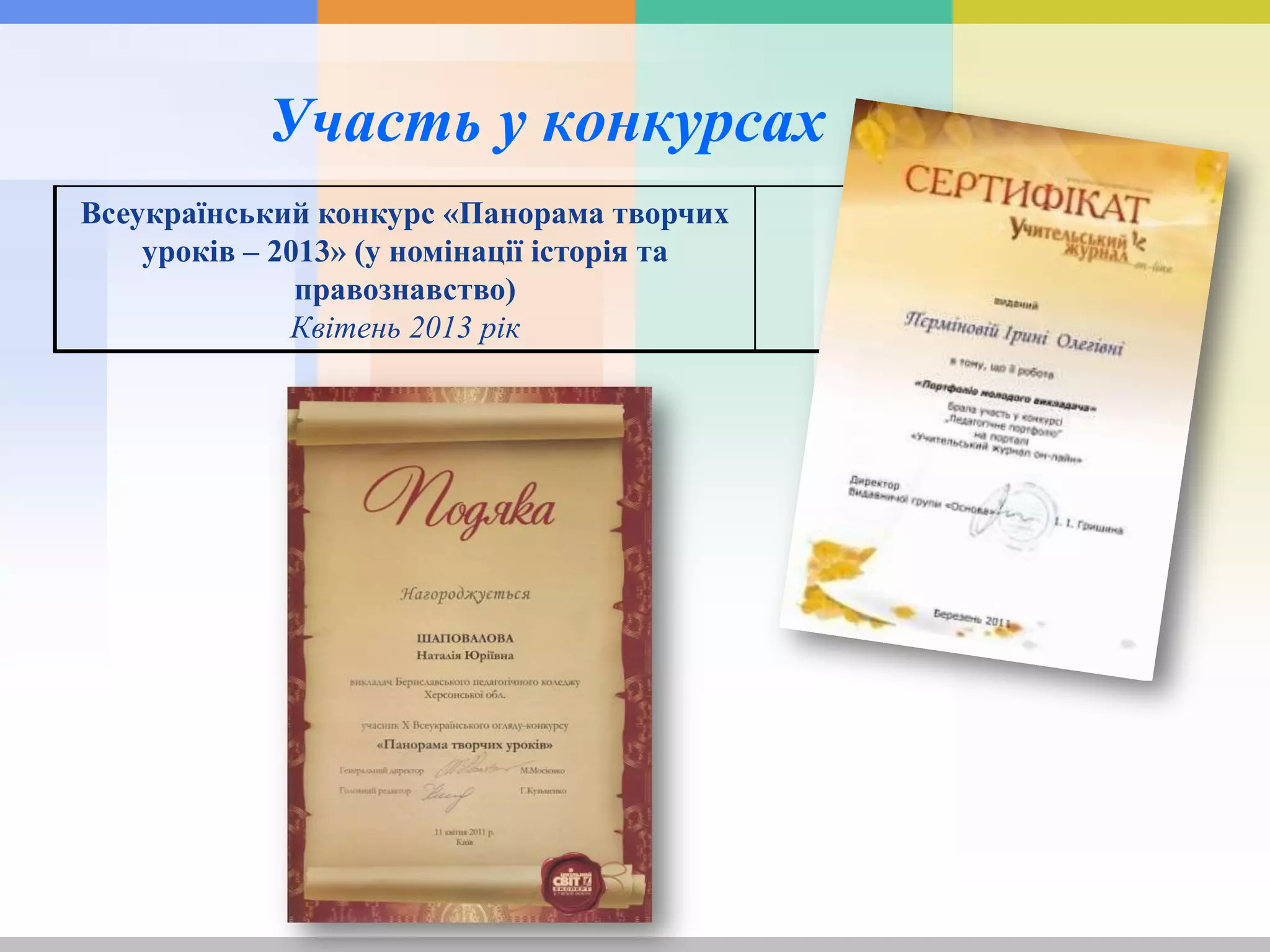 Участь у конкурсах
Всеукраїнський конкурс «Панорама творчих
уроків – 2013» (у номінації історія та
правознавство)
Квітень 2013 рік
 