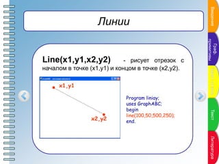 ПунктпланаПунктпланаПунктпланаПунктпланаПунктплана
Линии
Line(x1,y1,x2,y2) - рисует отрезок с
началом в точке (x1,y1) и ко...
