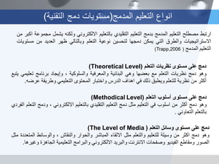‫المدمج‬ ‫التعلٌم‬ ‫انواع‬(‫دمج‬ ‫مستوٌات‬‫التقنٌة‬)
‫ارتبط‬‫مصطلح‬‫التعلٌم‬‫المدمج‬‫بدمج‬‫التعلٌم‬‫التقلٌدي‬‫بالتعلٌم‬ً‫االلكترون‬‫ولكنه‬‫ٌشمل‬‫مجموعة‬‫اكبر‬‫من‬
‫االستراتٌجٌات‬‫والطرق‬ً‫الت‬‫ٌمكن‬‫دمجها‬‫لتحسٌن‬‫نوعٌة‬‫التعلم‬ً‫وبالتال‬‫ظهر‬‫العدٌد‬‫من‬‫مستوٌات‬
‫التعلٌم‬‫المدمج‬(Trapp,2006)
‫التعلم‬ ‫نظرٌات‬ ‫مستوى‬ ‫على‬ ‫دمج‬(Theoretical Level)
‫وهو‬‫دمج‬‫نظرٌات‬‫التعلم‬‫مع‬‫بعضها‬ً‫وه‬‫البنائٌة‬‫والمعرفٌة‬‫والسلوكٌة‬،‫وإٌجاد‬‫برنامج‬ً‫تعلٌم‬‫ٌتبع‬
‫أكثر‬‫من‬‫نظرٌة‬‫للتعلم‬‫وٌطبق‬‫ذلك‬ً‫ف‬‫اهداف‬‫الدرس‬‫واختبار‬‫المحتوى‬ً‫التعلٌم‬‫وطرٌقة‬‫عرضه‬.
‫التعلم‬ ‫أسلوب‬ ‫مستوى‬ ‫على‬ ‫دمج‬(Methodical Level)
‫وهو‬‫دمج‬‫أكثر‬‫من‬‫اسلوب‬ً‫ف‬‫التعلٌم‬‫مثل‬‫دمج‬‫التعلٌم‬‫التقلٌدي‬‫بالتعلٌم‬ً‫االلكترون‬،‫ودمج‬‫التعلم‬‫الفردي‬
‫بالتعلم‬ً‫التعاون‬.
‫التعلم‬ ‫وسائل‬ ‫مستوى‬ ‫على‬ ‫دمج‬(The Level of Media)
‫وهو‬‫دمج‬‫اكثر‬‫من‬‫وسٌلة‬‫للتعلٌم‬‫والتعلم‬‫مثل‬‫االلقاء‬‫المباشر‬‫والحوار‬‫والنقاش‬،‫والوسائط‬‫المتعددة‬‫مثل‬
‫الصور‬‫ومقاطع‬‫الفٌدٌو‬‫وصفحات‬‫االنترنت‬‫والبرٌد‬ً‫االلكترون‬‫والبرامج‬‫التعلٌمٌة‬‫الجاهزة‬‫وغٌرها‬.
 