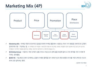 7
Marketing Mix (4P)
Product Price Promotion
Place
(Distribution)
Advertising
Personal
Selling
Sales
Promotion
Public
Rela...