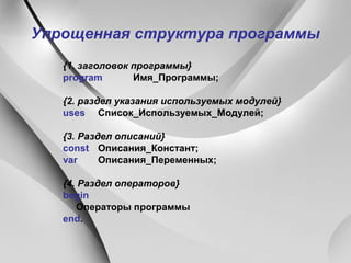 Упрощенная структура программы
{1. заголовок программы}
program Имя_Программы;
{2. раздел указания используемых модулей}
uses Список_Используемых_Модулей;
{3. Раздел описаний}
const Описания_Констант;
var Описания_Переменных;
{4. Раздел операторов}
begin
Операторы программы
end.
 