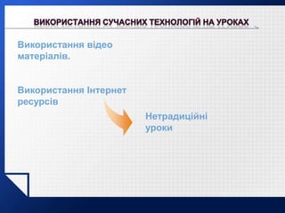 LOGO
Нетрадиційні
уроки
Використання відео
матеріалів.
Використання Інтернет
ресурсів
 