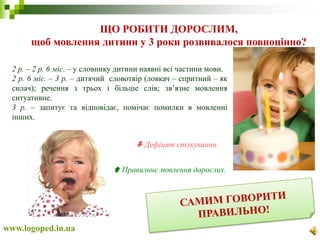 ЩО РОБИТИ ДОРОСЛИМ,
щоб мовлення дитини у 3 роки розвивалося повноцінно?
www.logoped.in.ua
2 р. – 2 р. 6 міс. – у словнику дитини наявні всі частини мови.
2 р. 6 міс. – 3 р. – дитячий словотвір (ловкач – спритний – як
силач); речення з трьох і більше слів; зв’язне мовлення
ситуативне.
3 р. – запитує та відповідає, помічає помилки в мовленні
інших.
 Дефіцит спілкування.
 Правильне мовлення дорослих.
 