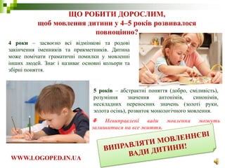 ЩО РОБИТИ ДОРОСЛИМ,
щоб мовлення дитини у 4–5 років розвивалося
повноцінно?
WWW.LOGOPED.IN.UA
4 роки – засвоєно всі відмінкові та родові
закінчення іменників та прикметників. Дитина
може помічати граматичні помилки у мовленні
інших людей. Знає і називає основні кольори та
збірні поняття.
5 років – абстрактні поняття (добро, сміливість),
розуміння значення антонімів, синонімів,
нескладних переносних значень (золоті руки,
золота осінь), розвиток монологічного мовлення.
 Невиправлені вади мовлення можуть
залишитися на все життя.
 