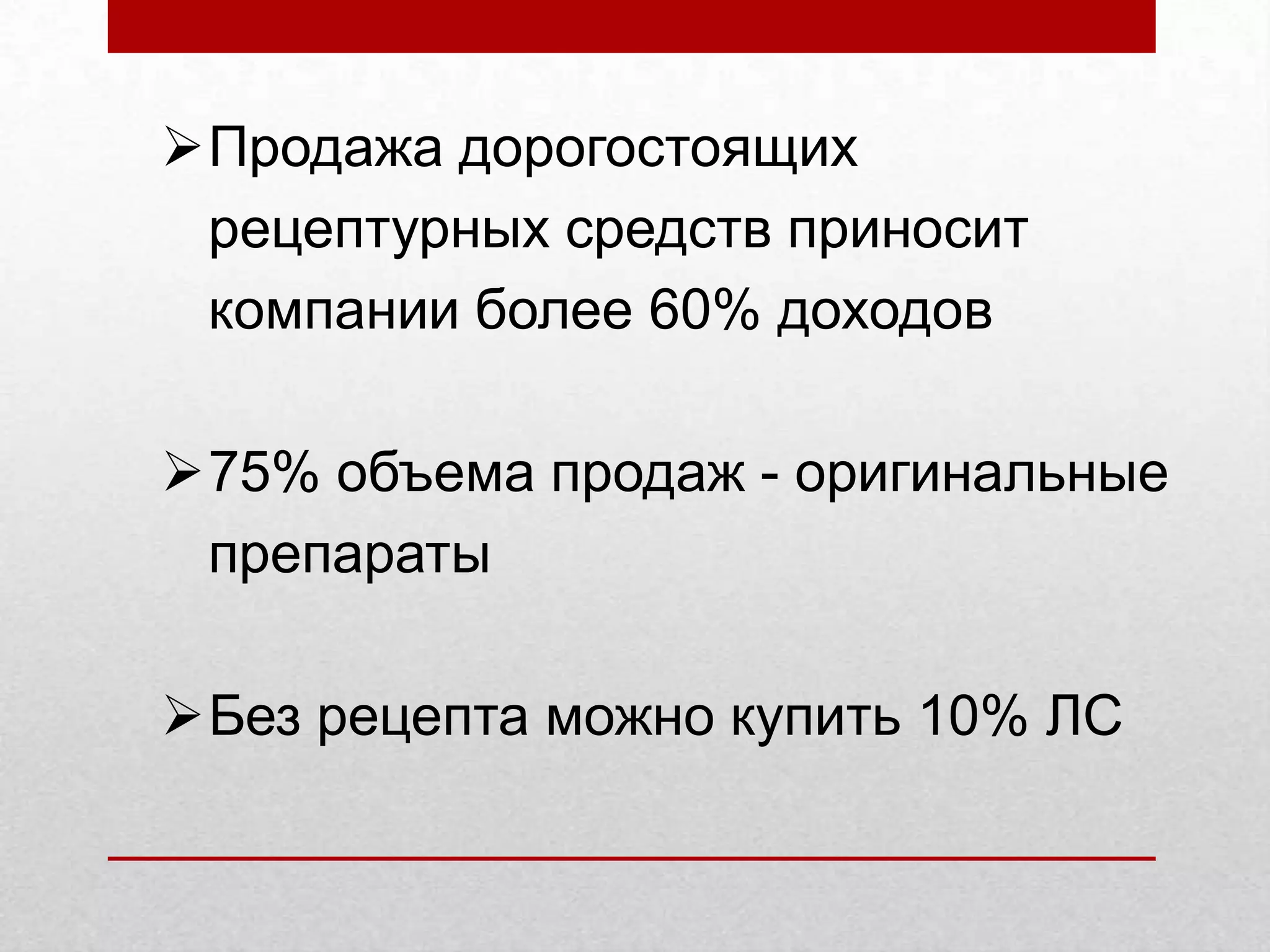Продажа дорогостоящих
рецептурных средств приносит
компании более 60% доходов
75% объема продаж - оригинальные
препараты
Без рецепта можно купить 10% ЛС