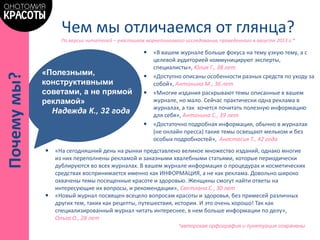  «В вашем журнале больше фокуса на тему узкую тему, а с
целевой аудиторией коммуницируют эксперты,
специалисты», Юлия Г., 38 лет
 «Доступно описаны особенности разных средств по уходу за
собой», Антонина М., 36 лет
 «Многие издания раскрывают темы описанные в вашем
журнале, но мало. Сейчас практически одна реклама в
журналах, а так хочется почитать полезную информацию
для себя», Антонина С., 39 лет
 «Достаточно подробная информация, обычно в журналах
(не онлайн пресса) такие темы освещают мельком и без
особых подробностей», Анастасия Т., 42 года
«Полезными,
конструктивными
советами, а не прямой
рекламой»
Надежда К., 32 года
Чем мы отличаемся от глянца?
По версии читателей – участников маркетингового исследования, проведенного в августе 2013 г.*
 «На сегодняшний день на рынки представлено великое множество изданий, однако многие
из них переполнены рекламой и заказными хвалебными статьями, которые периодически
дублируются во всех журналах. В вашем журнале информация о процедурах и косметических
средствах воспринимается именно как ИНФОРМАЦИЯ, а не как реклама. Довольно широко
охвачены темы посещенные красоте и здоровью. Женщины смогут найти ответы на
интересующие их вопросы, и рекомендации», Светлана С., 30 лет
 «Новый журнал посвящен всецело вопросам красоты и здоровья, без примесей различных
других тем, таких как рецепты, путешествия, истории. И это очень хорошо! Так как
специализированный журнал читать интереснее, в нем больше информации по делу»,
Ольга О., 28 лет
Почемумы?
*авторская орфография и пунктуация сохранены
 