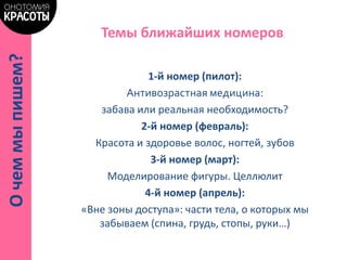 1-й номер (пилот):
Антивозрастная медицина:
забава или реальная необходимость?
2-й номер (февраль):
Красота и здоровье волос, ногтей, зубов
3-й номер (март):
Моделирование фигуры. Целлюлит
4-й номер (апрель):
«Вне зоны доступа»: части тела, о которых мы
забываем (спина, грудь, стопы, руки…)
Темы ближайших номеров.
Очеммыпишем?
 